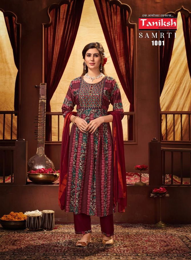 Tanishk Samrti Rayon Naira Cut Kurti With Bottom Dupatta Catalog
